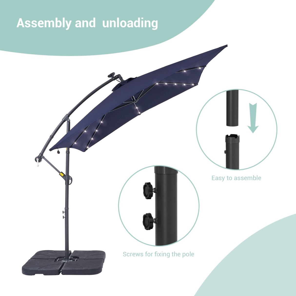 BONOSUKI 8.2Ft Solar Powered Cantilever Patio Umbrella With Base