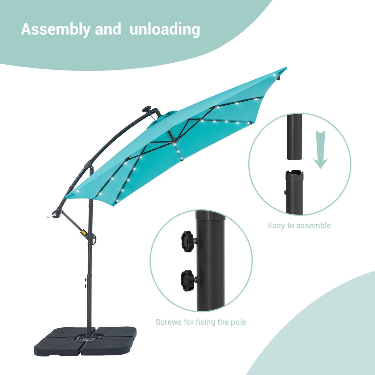 BONOSUKI 8.2Ft Solar Powered Cantilever Patio Umbrella With Base