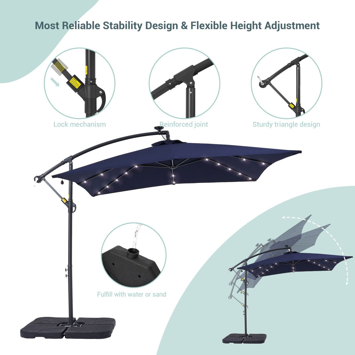 BONOSUKI 8.2Ft Solar Powered Cantilever Patio Umbrella With Base