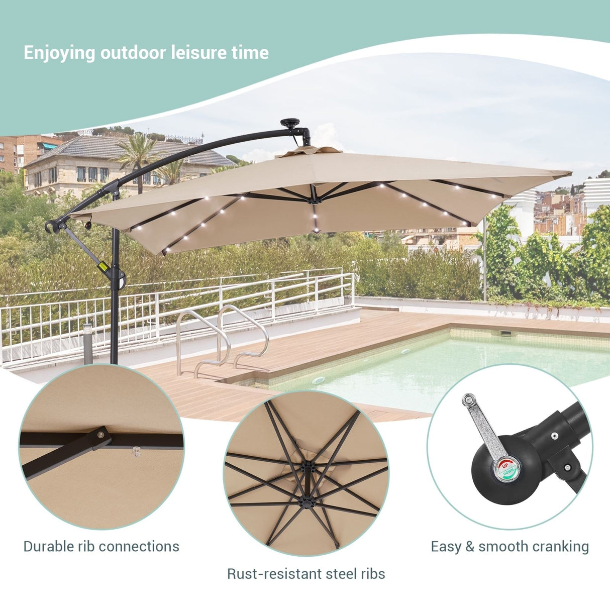 BONOSUKI 8.2Ft Solar Powered Cantilever Patio Umbrella With Base