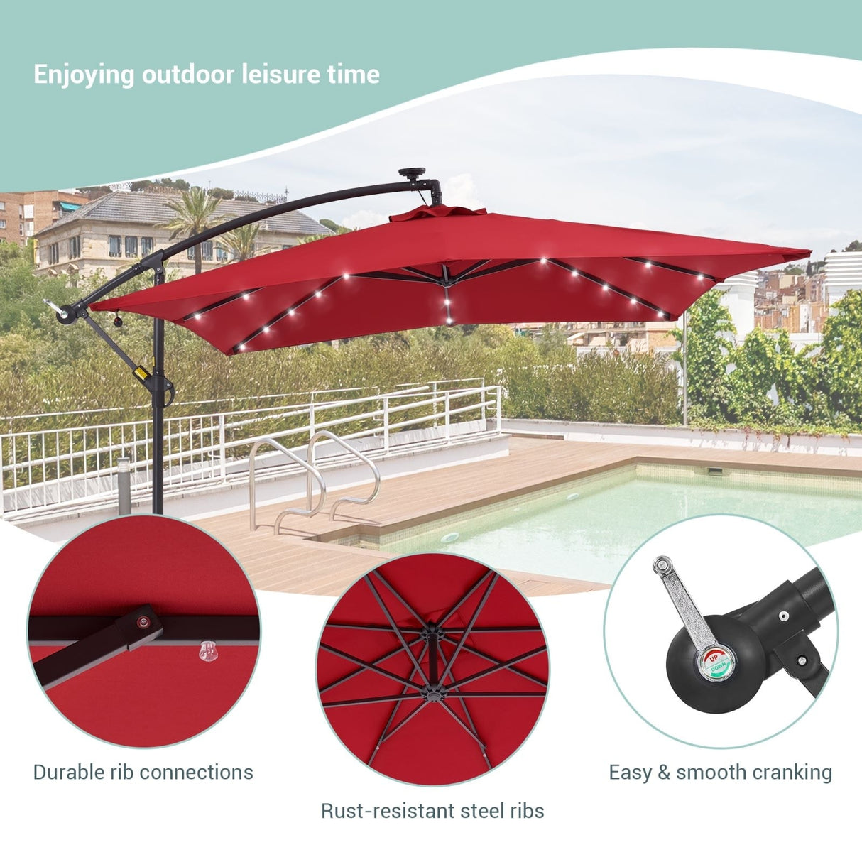 BONOSUKI 8.2Ft Solar Powered Cantilever Patio Umbrella With Base