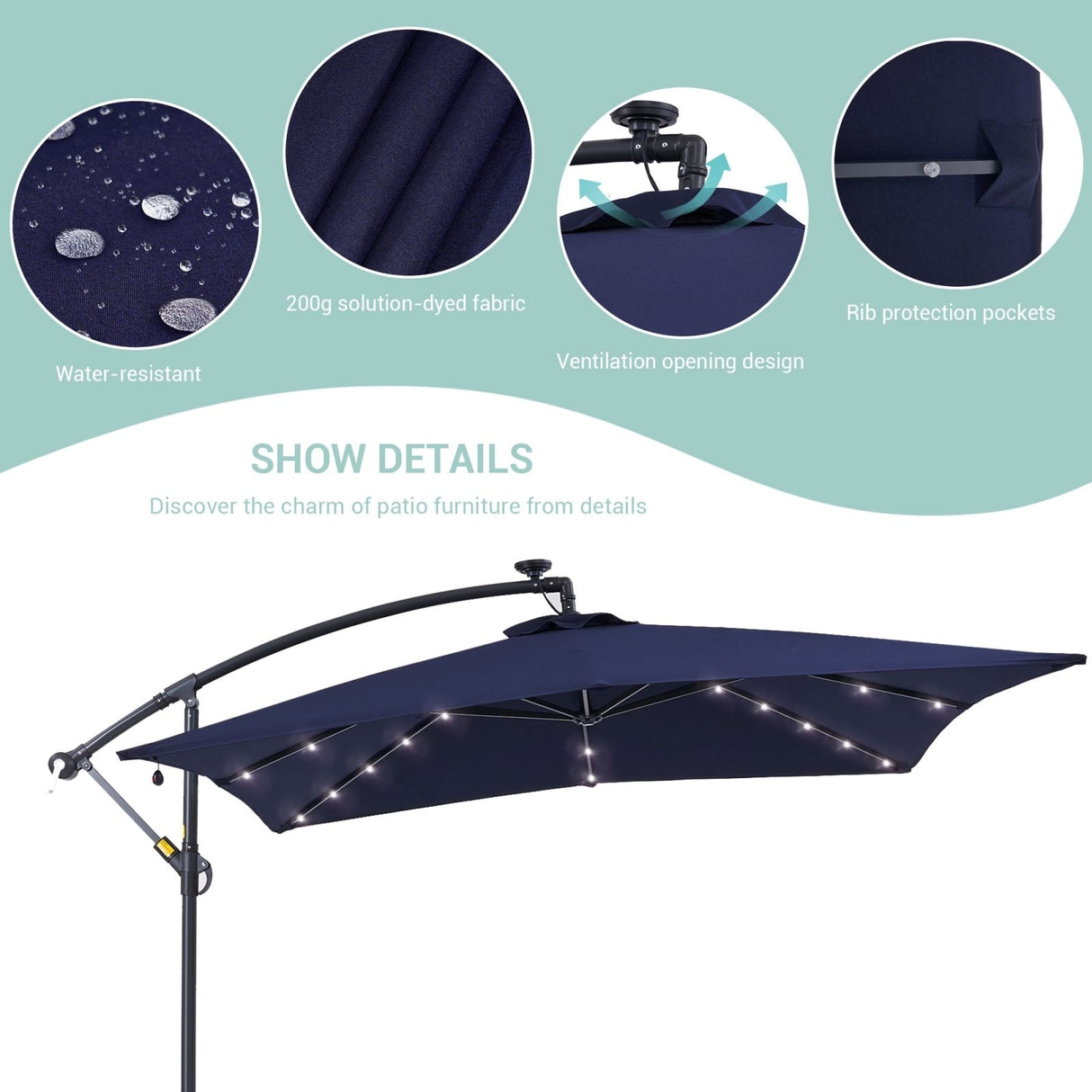 BONOSUKI 8.2Ft Solar Powered Cantilever Patio Umbrella With Base