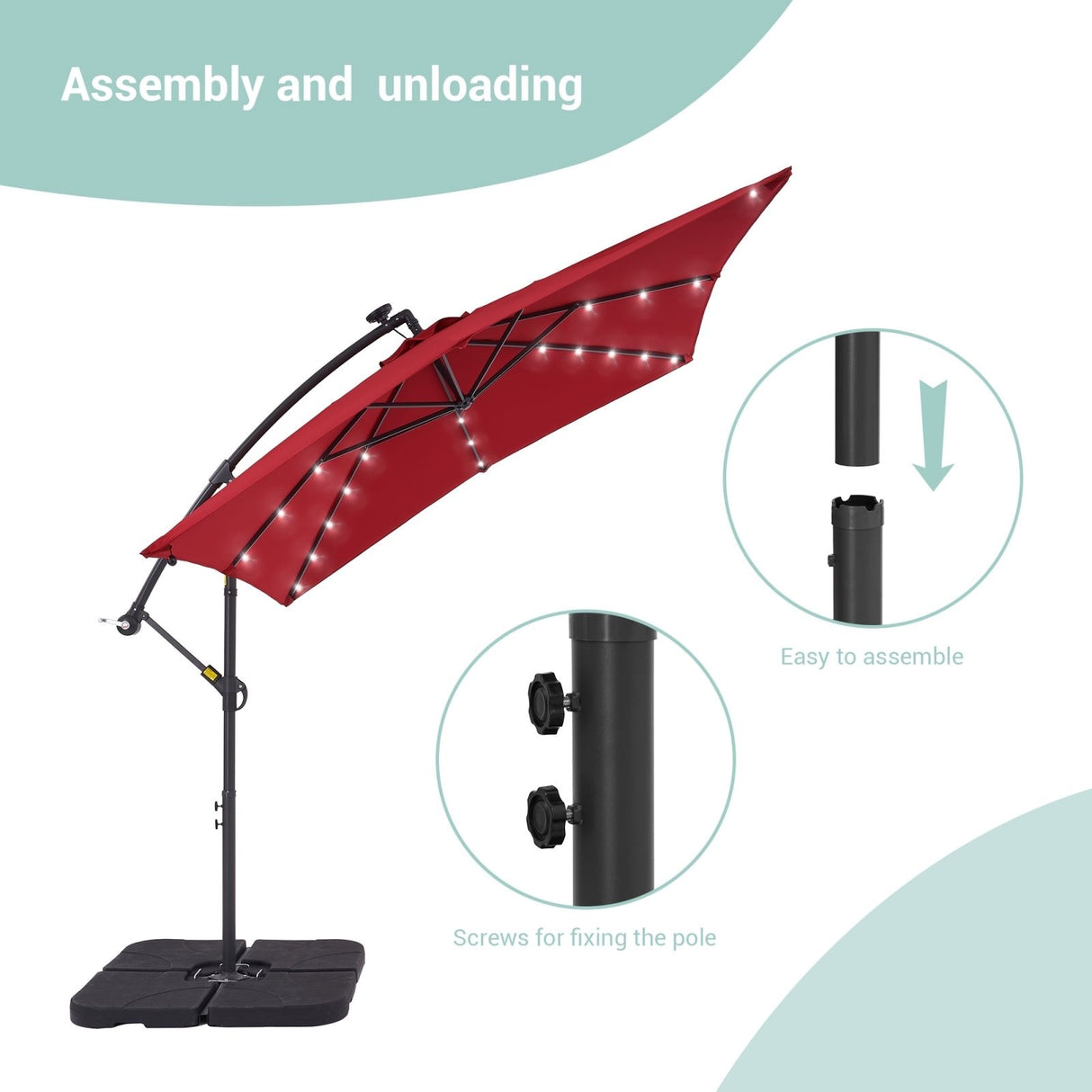 BONOSUKI 8.2Ft Solar Powered Cantilever Patio Umbrella With Base