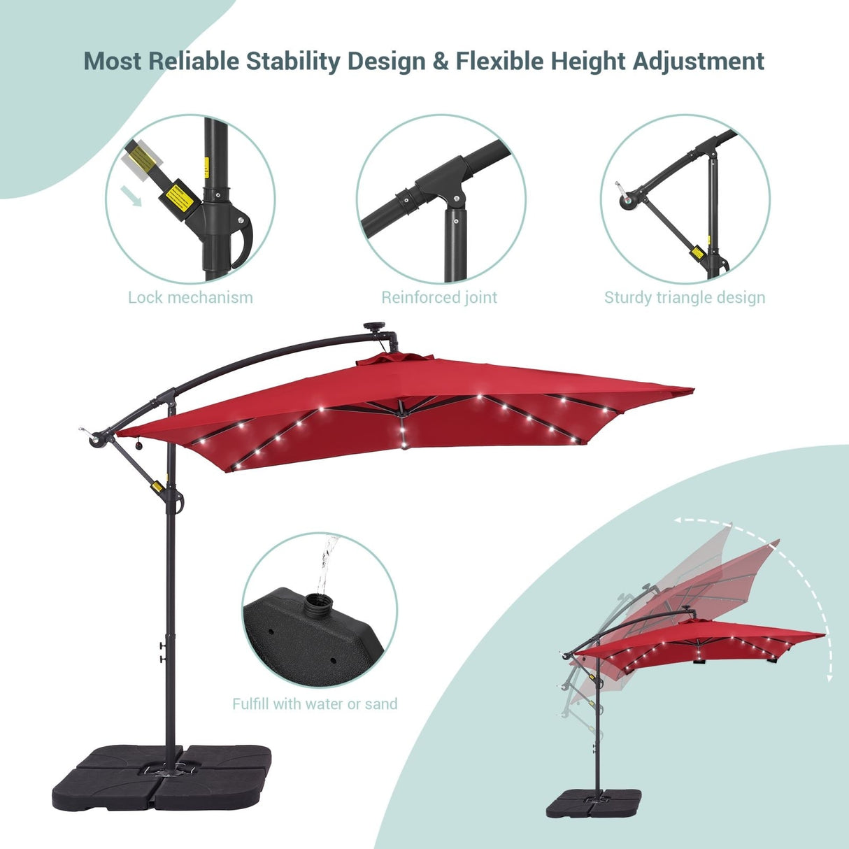 BONOSUKI 8.2Ft Solar Powered Cantilever Patio Umbrella With Base