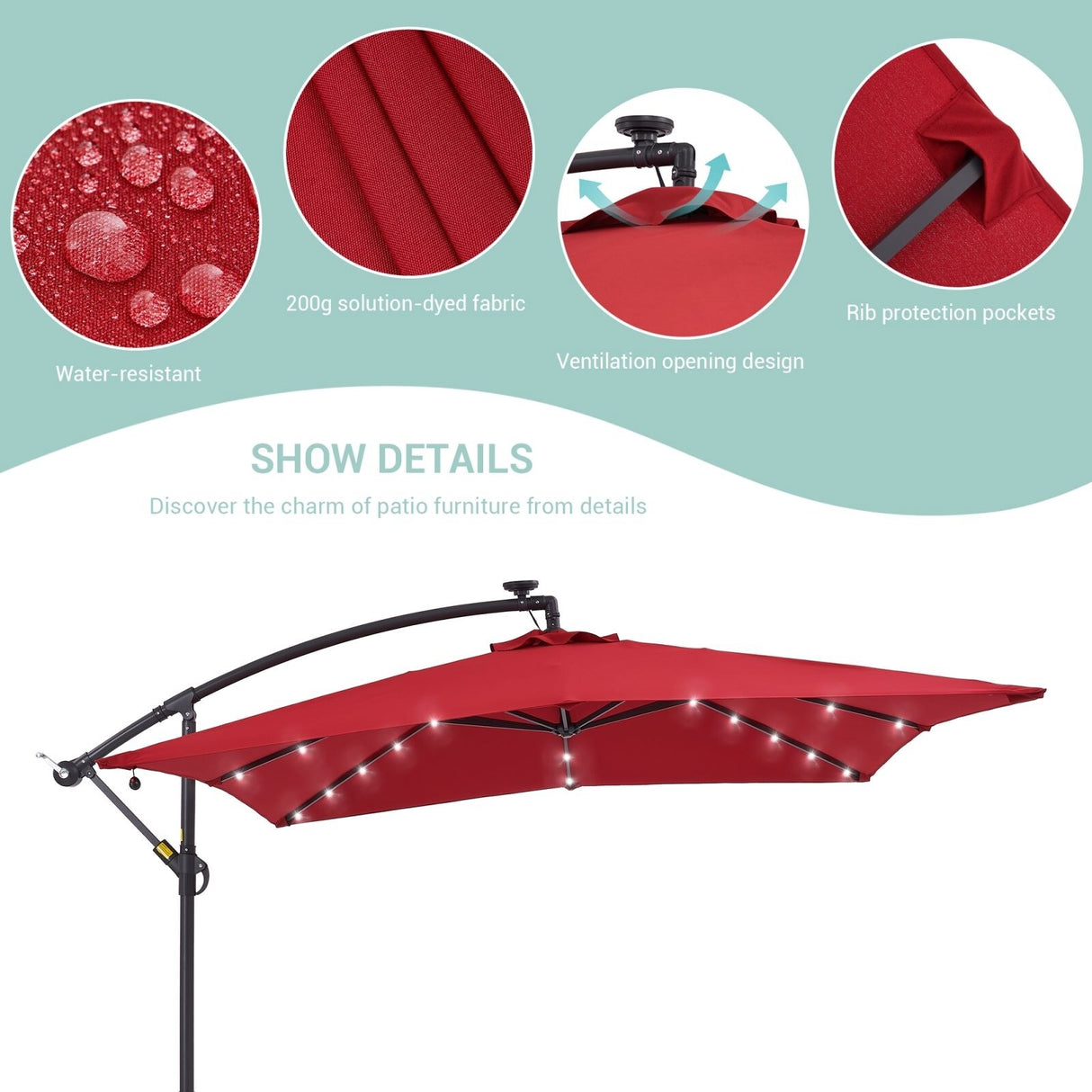 BONOSUKI 8.2Ft Solar Powered Cantilever Patio Umbrella With Base