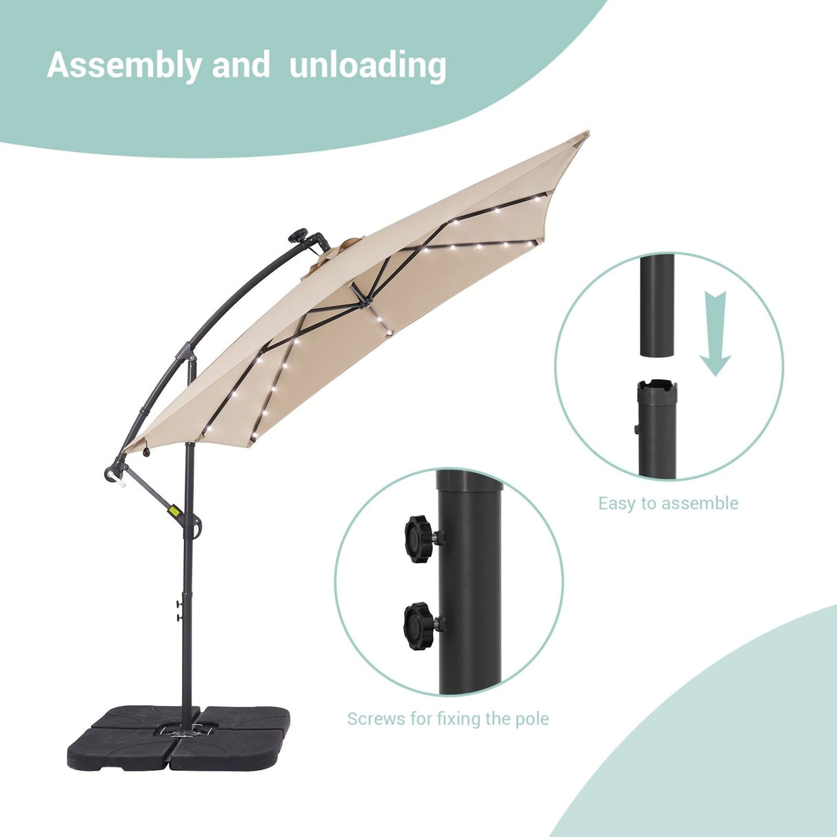 BONOSUKI 8.2Ft Solar Powered Cantilever Patio Umbrella With Base