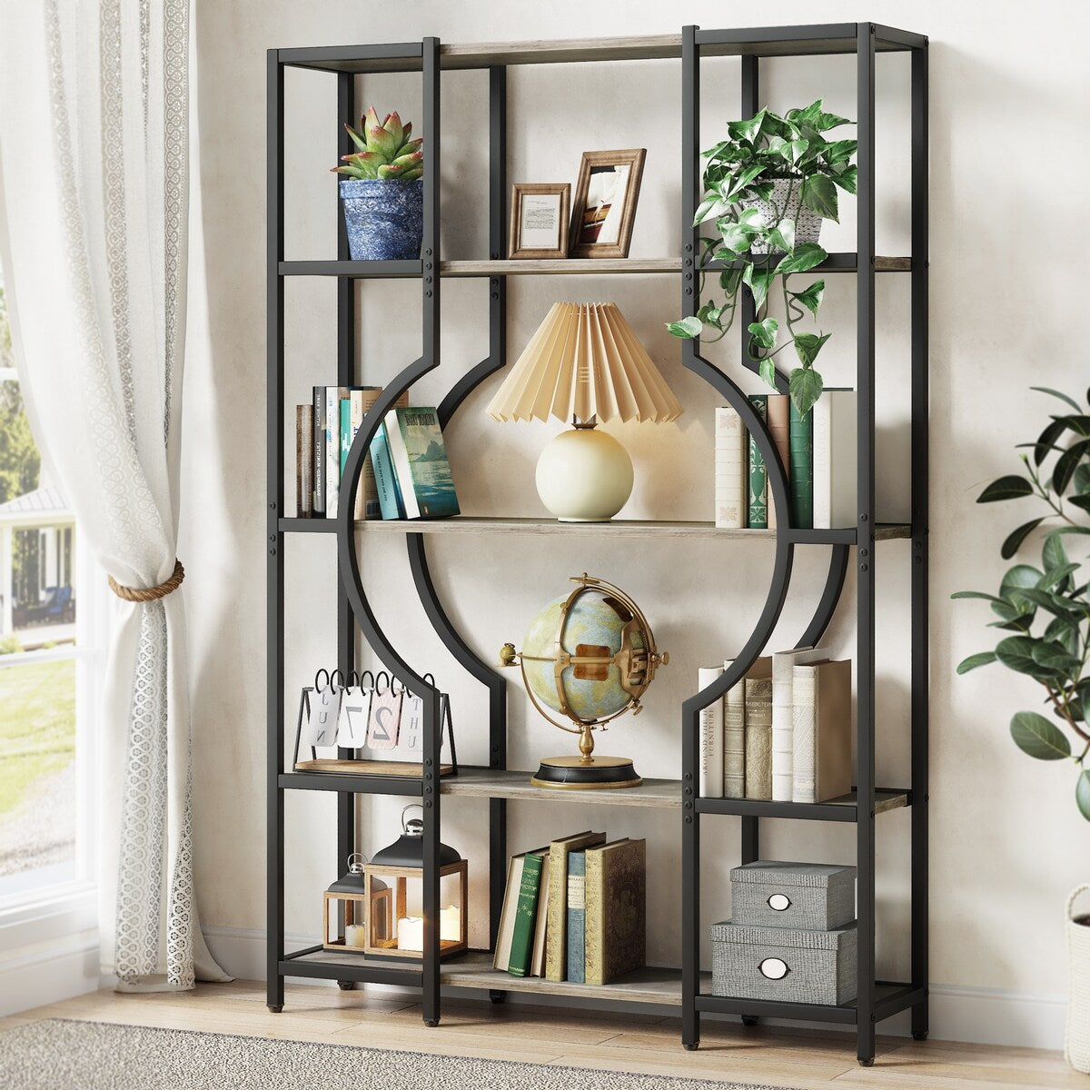 Bookshelf 5 Shelf Industrial Tall Bookcase for Living Room, Home Office