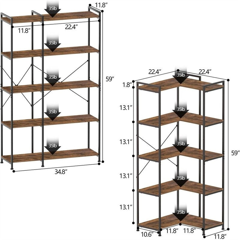 Bookshelf 5 Tier Deformable Corner Bookcase Free - 11.81"D x 36.02"W x 59.06"H