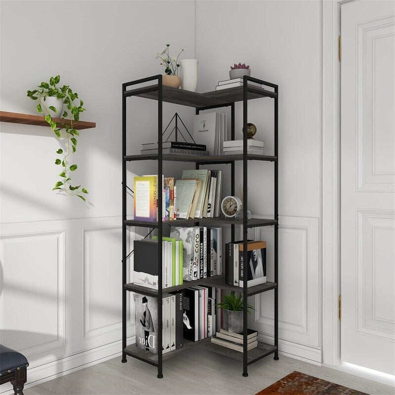 Bookshelf 5 Tier Deformable Corner Bookcase Free - 11.81"D x 36.02"W x 59.06"H