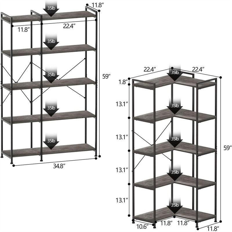 Bookshelf 5 Tier Deformable Corner Bookcase Free - 11.81"D x 36.02"W x 59.06"H
