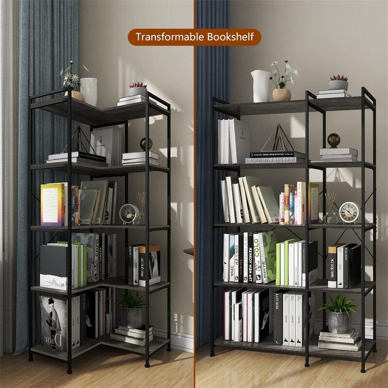 Bookshelf 5 Tier Deformable Corner Bookcase Free - 11.81"D x 36.02"W x 59.06"H