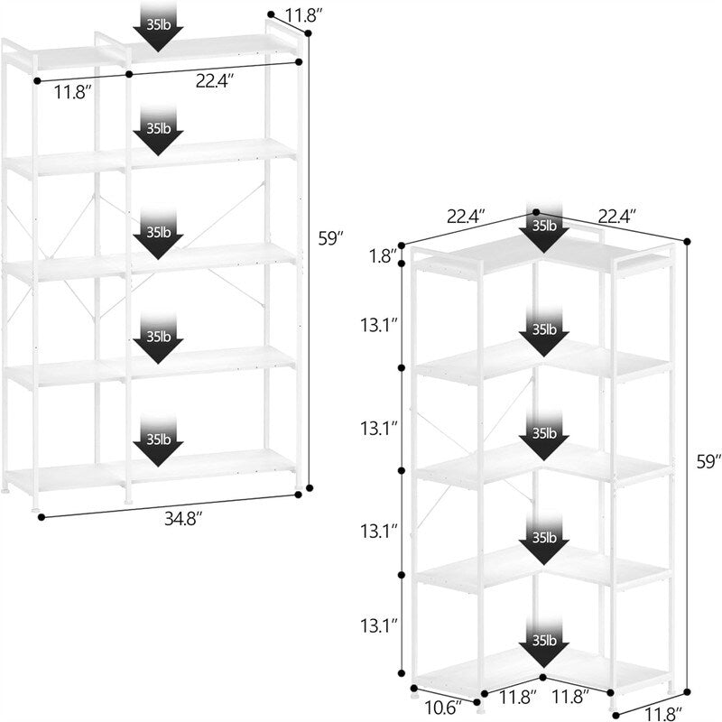 Bookshelf 5 Tier Deformable Corner Bookcase Free - 11.81"D x 36.02"W x 59.06"H