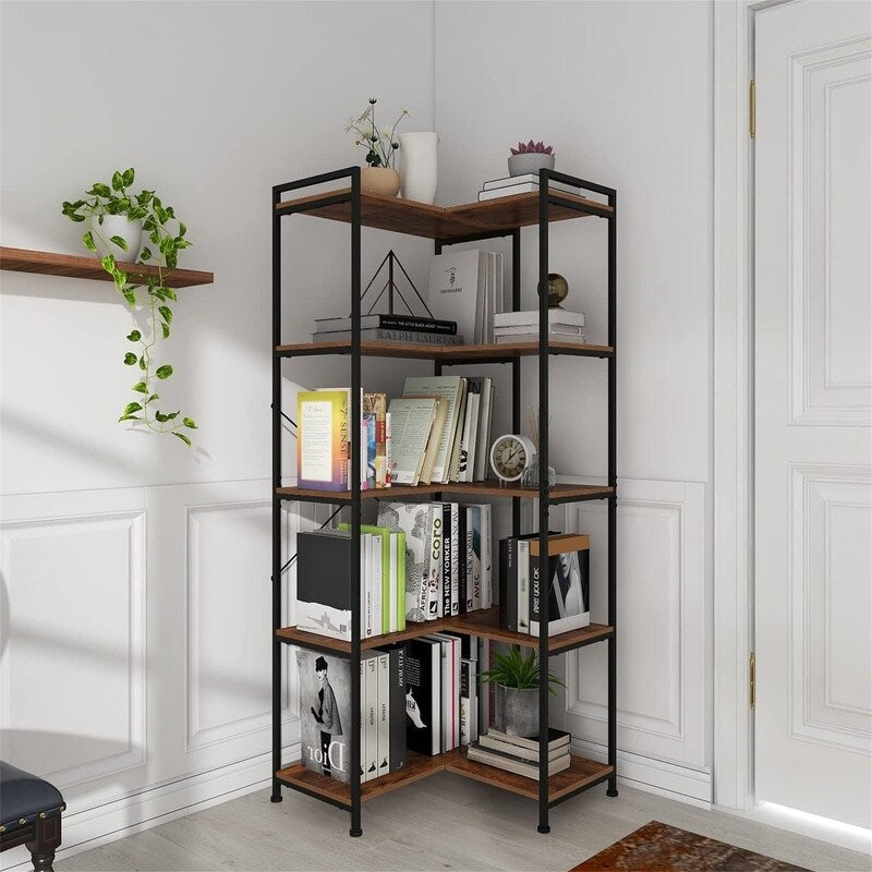 Bookshelf 5 Tier Deformable Corner Bookcase Free - 11.81"D x 36.02"W x 59.06"H