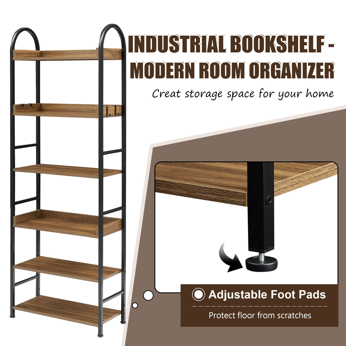 Bookshelf 6-tier Shelves with Round Top Frame Adjustable Foot Pads - 24.80'' x 11.40'' x 70.80