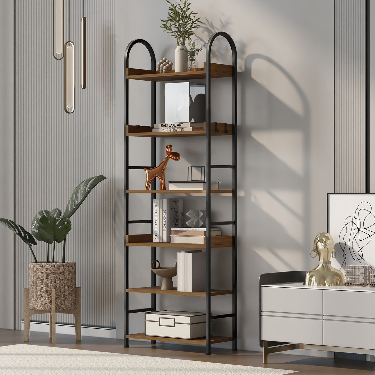 Bookshelf 6-tier Shelves with Round Top Frame Adjustable Foot Pads - 24.80'' x 11.40'' x 70.80
