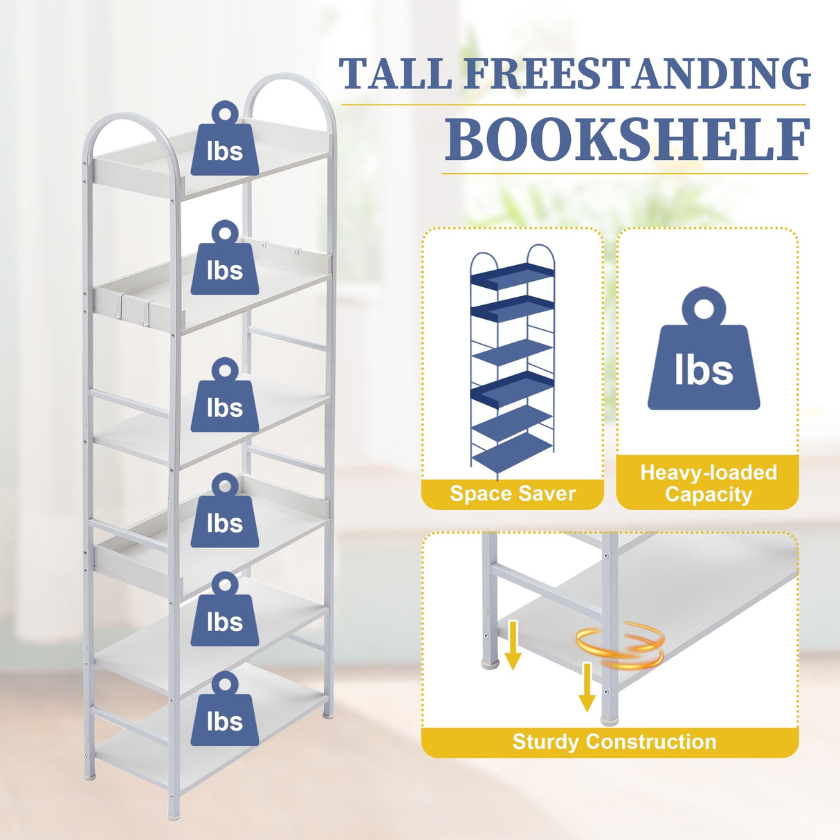 Bookshelf 6-tier Shelves with Round Top Frame Adjustable Foot Pads - 24.80'' x 11.40'' x 70.80
