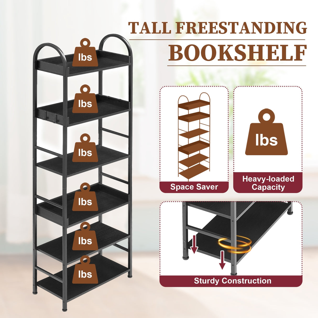 Bookshelf 6-tier Shelves with Round Top Frame Adjustable Foot Pads - 24.80'' x 11.40'' x 70.80