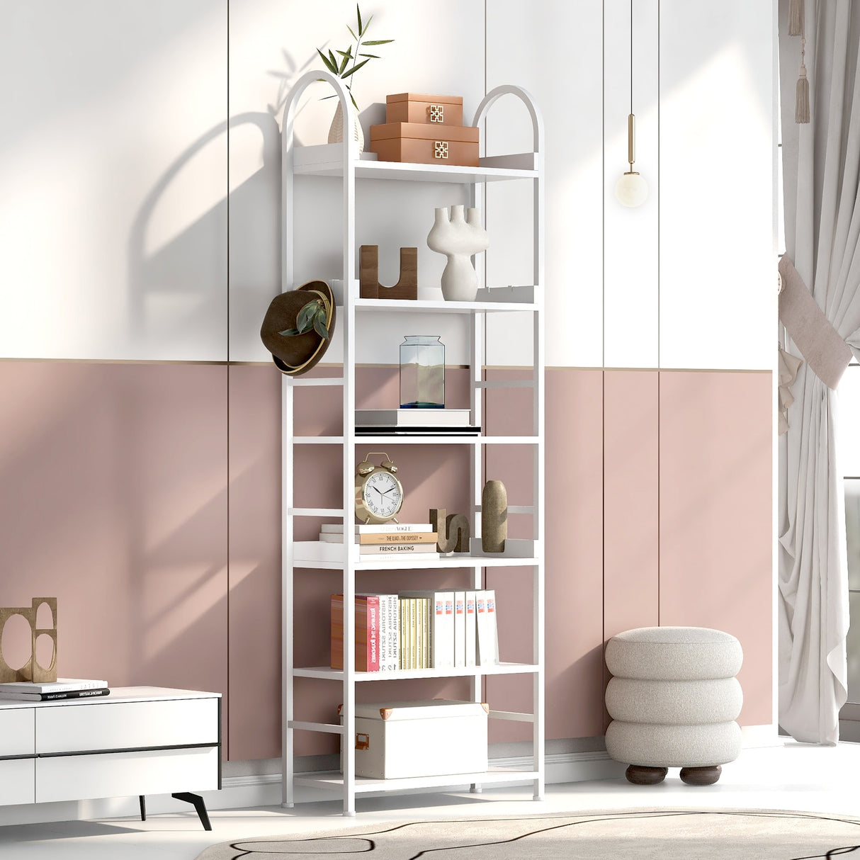 Bookshelf 6-tier Shelves with Round Top Frame Adjustable Foot Pads - 24.80'' x 11.40'' x 70.80