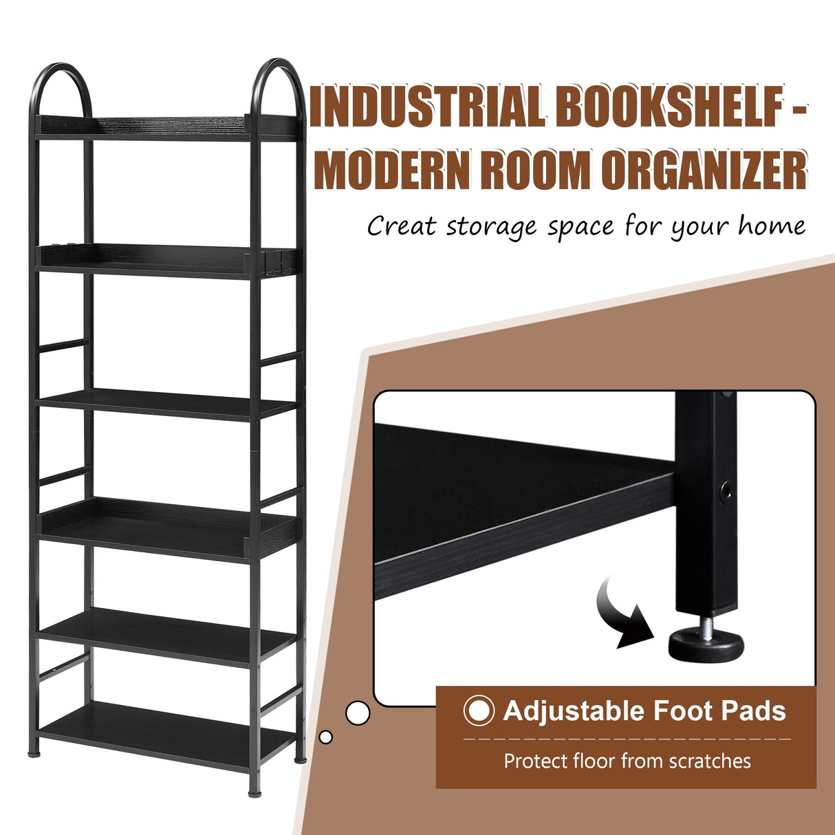 Bookshelf 6-tier Shelves with Round Top Frame Adjustable Foot Pads - 24.80'' x 11.40'' x 70.80