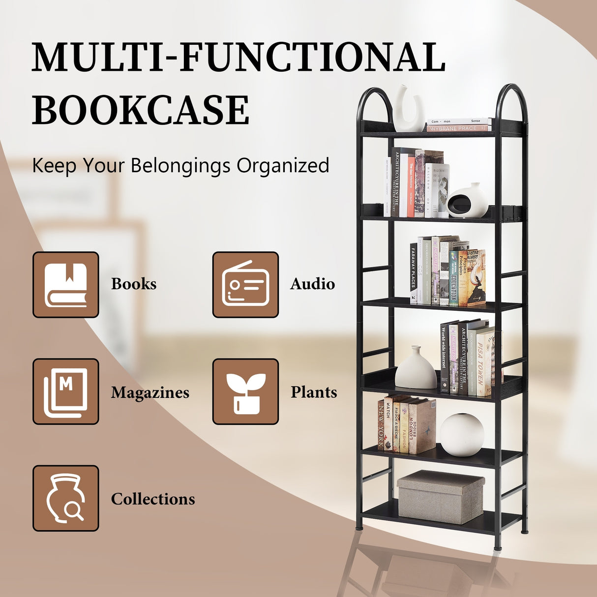 Bookshelf 6-tier Shelves with Round Top Frame Adjustable Foot Pads - 24.80'' x 11.40'' x 70.80