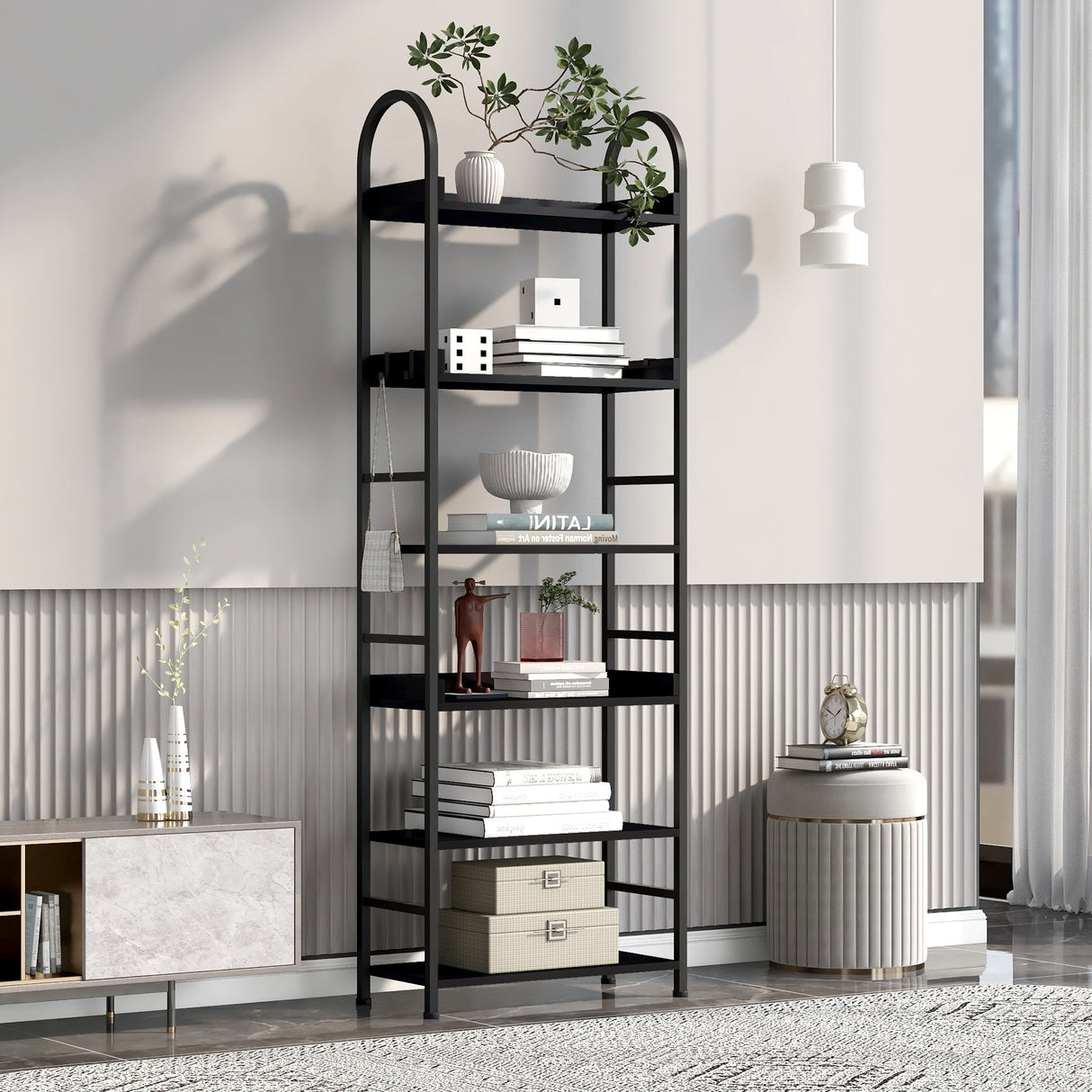 Bookshelf 6-tier Shelves with Round Top Frame Adjustable Foot Pads - 24.80'' x 11.40'' x 70.80