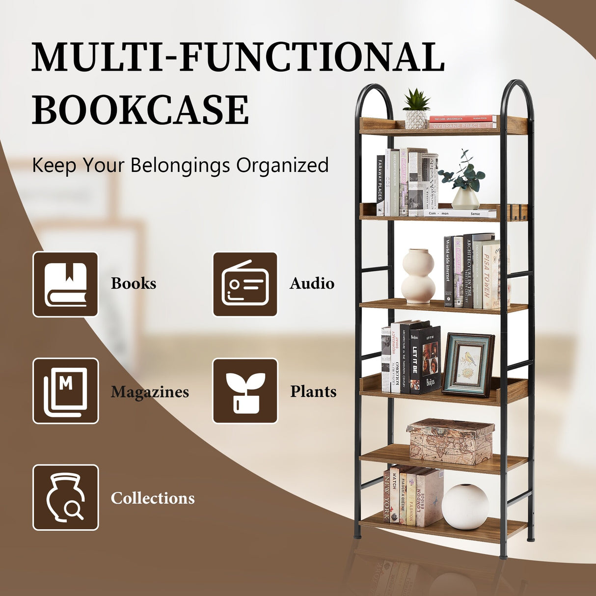 Bookshelf 6-tier Shelves with Round Top Frame Adjustable Foot Pads - 24.80'' x 11.40'' x 70.80