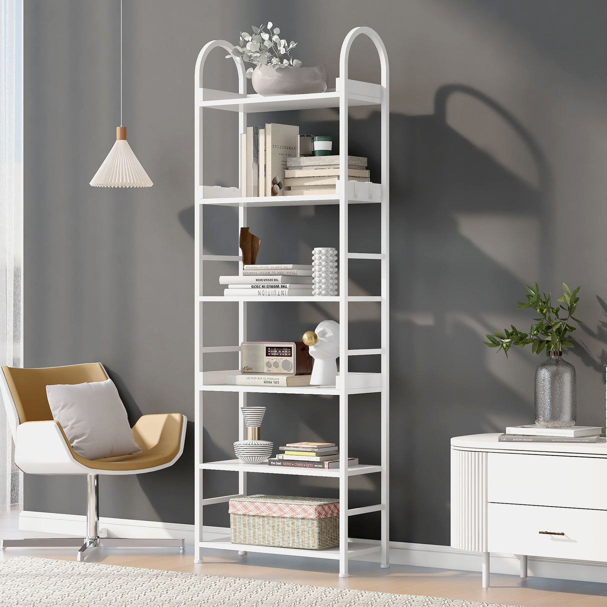 Bookshelf 6-tier Shelves with Round Top Frame Adjustable Foot Pads - 24.80'' x 11.40'' x 70.80