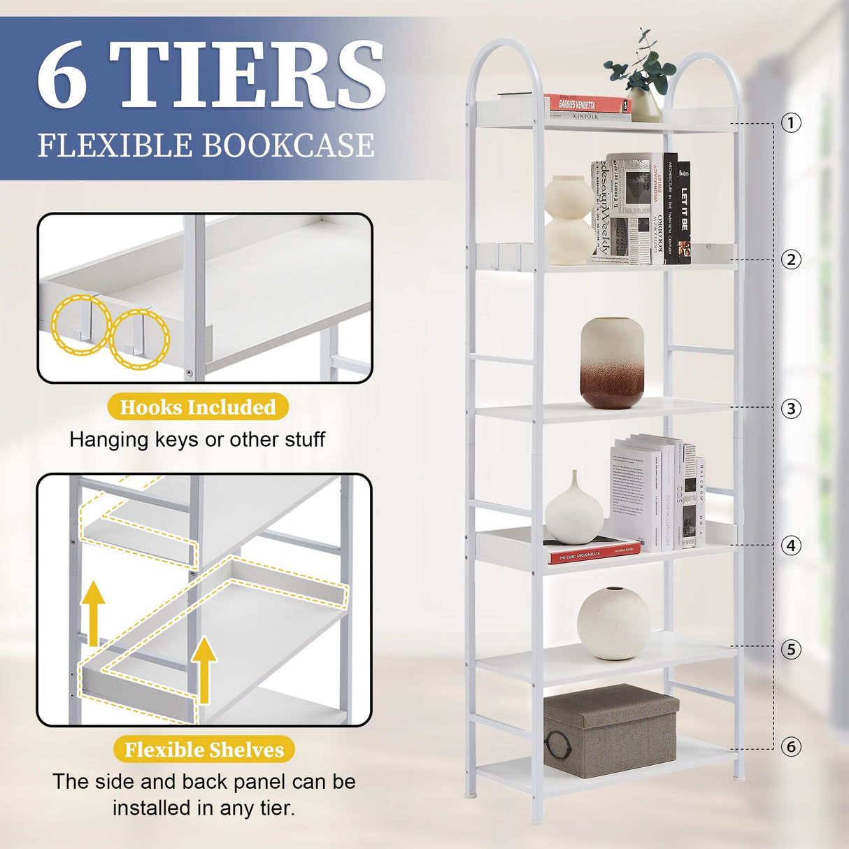 Bookshelf 6-tier Shelves with Round Top Frame Adjustable Foot Pads - 24.80'' x 11.40'' x 70.80