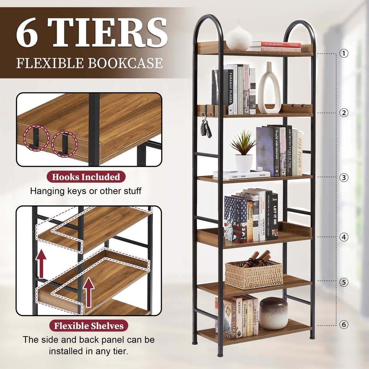 Bookshelf 6-tier Shelves with Round Top Frame Adjustable Foot Pads - 24.80'' x 11.40'' x 70.80