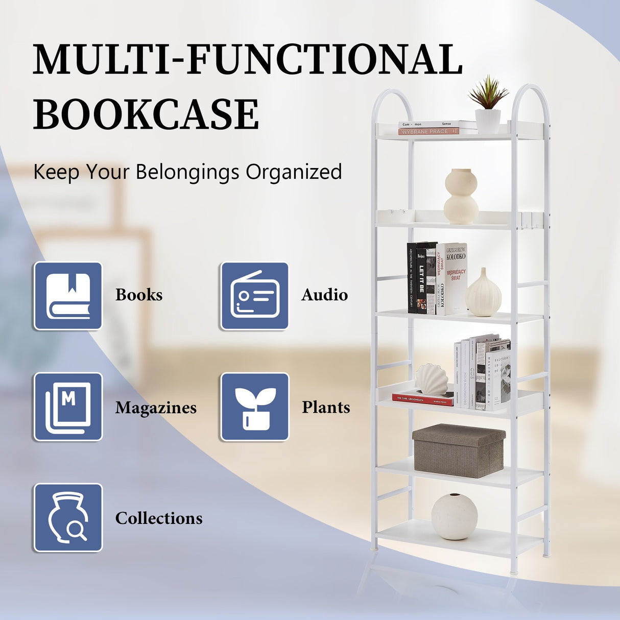 Bookshelf 6-tier Shelves with Round Top Frame Adjustable Foot Pads - 24.80'' x 11.40'' x 70.80