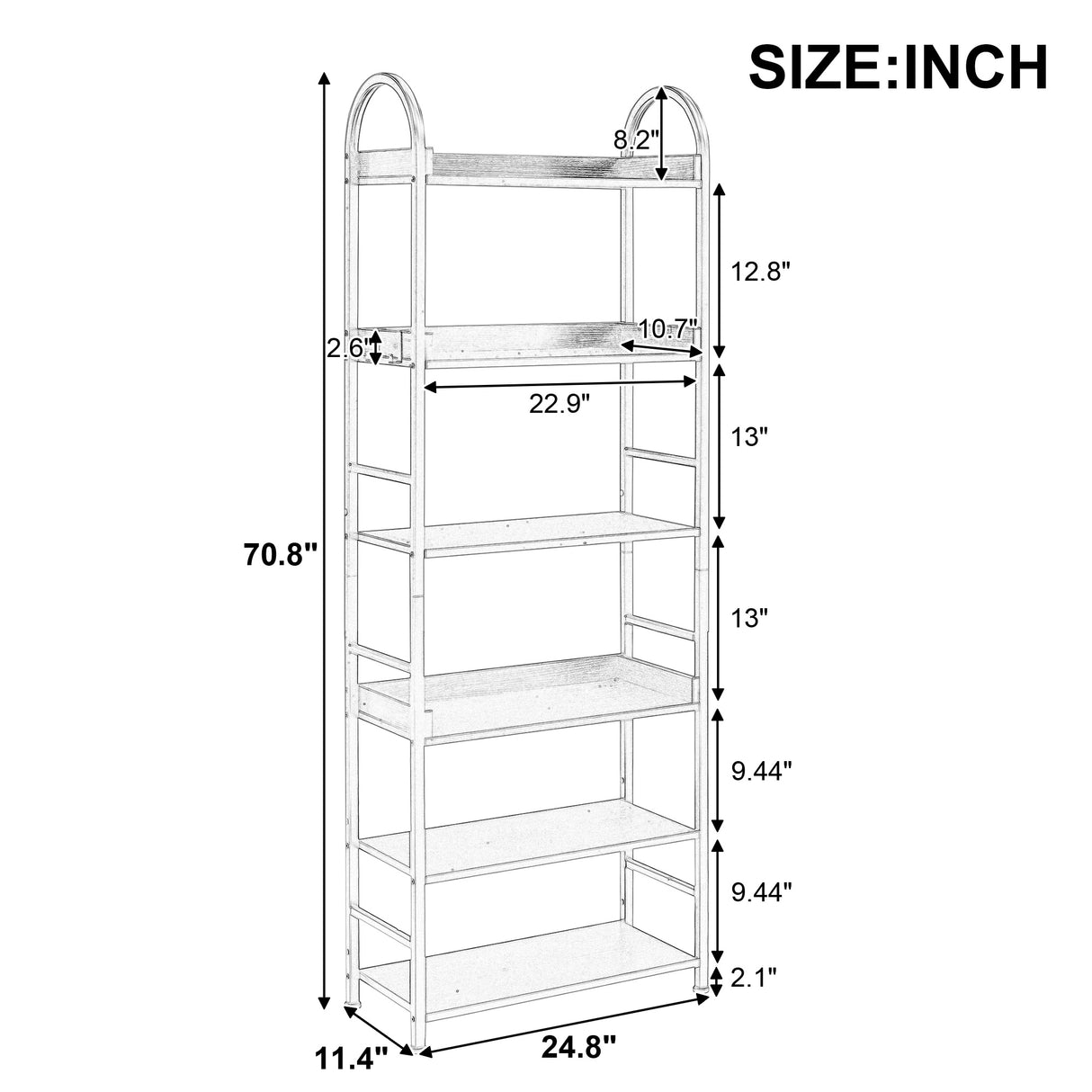 Bookshelf 6-tier Shelves with Round Top Frame Adjustable Foot Pads - 24.80'' x 11.40'' x 70.80