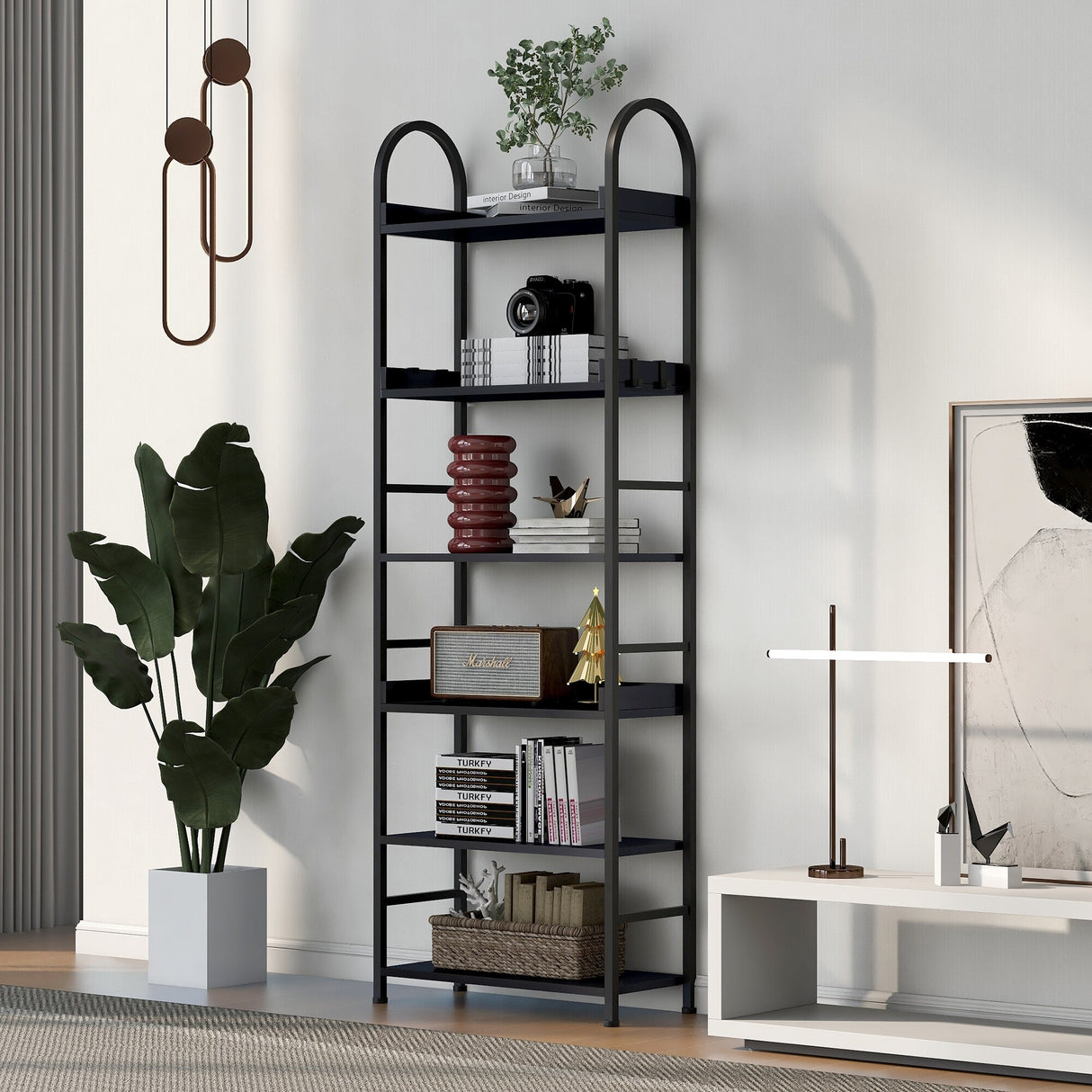 Bookshelf 6-tier Shelves with Round Top Frame Adjustable Foot Pads - 24.80'' x 11.40'' x 70.80