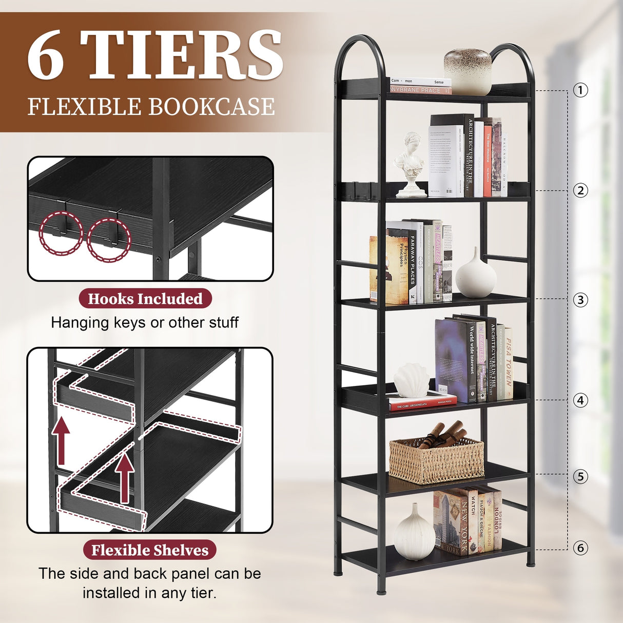 Bookshelf 6-tier Shelves with Round Top Frame Adjustable Foot Pads - 24.80'' x 11.40'' x 70.80