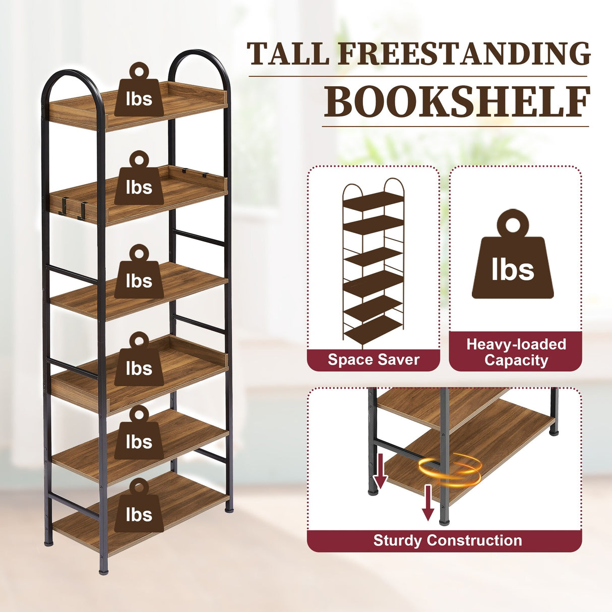 Bookshelf 6-tier Shelves with Round Top Frame Adjustable Foot Pads - 24.80'' x 11.40'' x 70.80