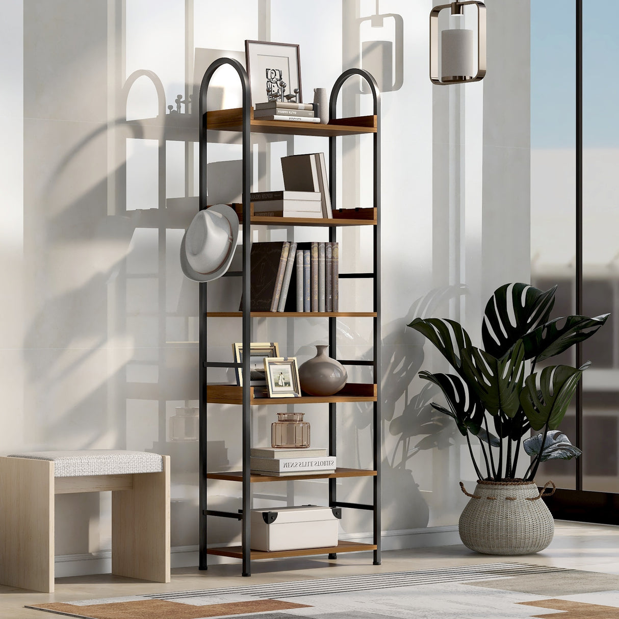 Bookshelf 6-tier Shelves with Round Top Frame Adjustable Foot Pads - 24.80'' x 11.40'' x 70.80