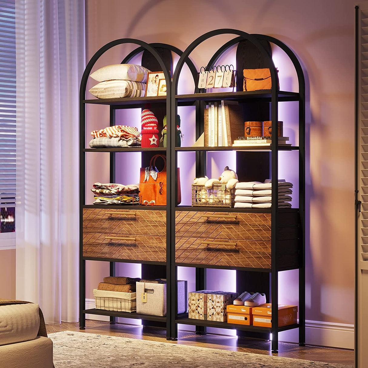 Bookshelf with LED Light and Drawers, 70.8" Tall Bookcase