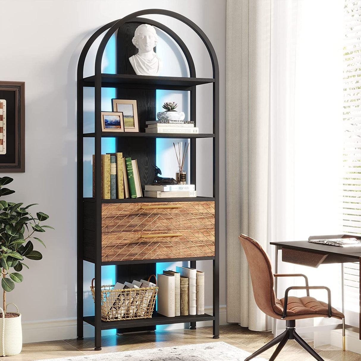 Bookshelf with LED Light and Drawers, 70.8" Tall Bookcase