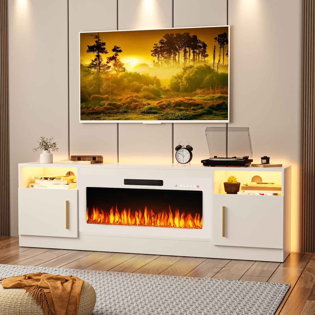Bossin 70" Fireplace TV Stand with 36" Electric Fireplace, TV Stand for TVs Up to 80", 16 Colors LED Lights/Entertainment Center