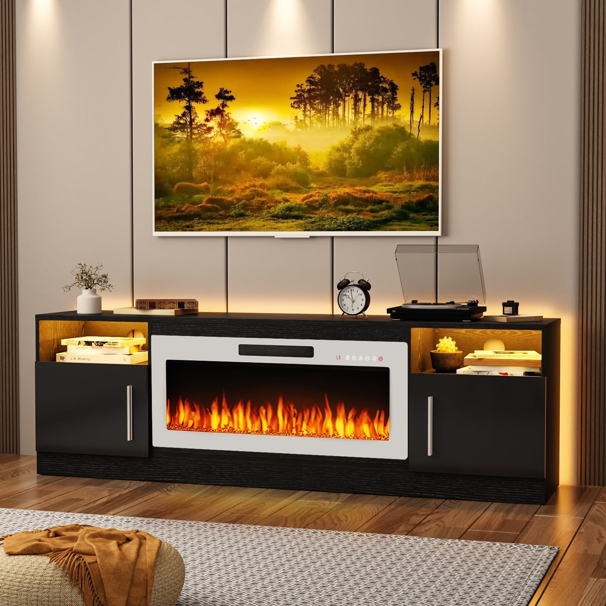 Bossin 70" Fireplace TV Stand with 36" Electric Fireplace, TV Stand for TVs Up to 80", 16 Colors LED Lights/Entertainment Center