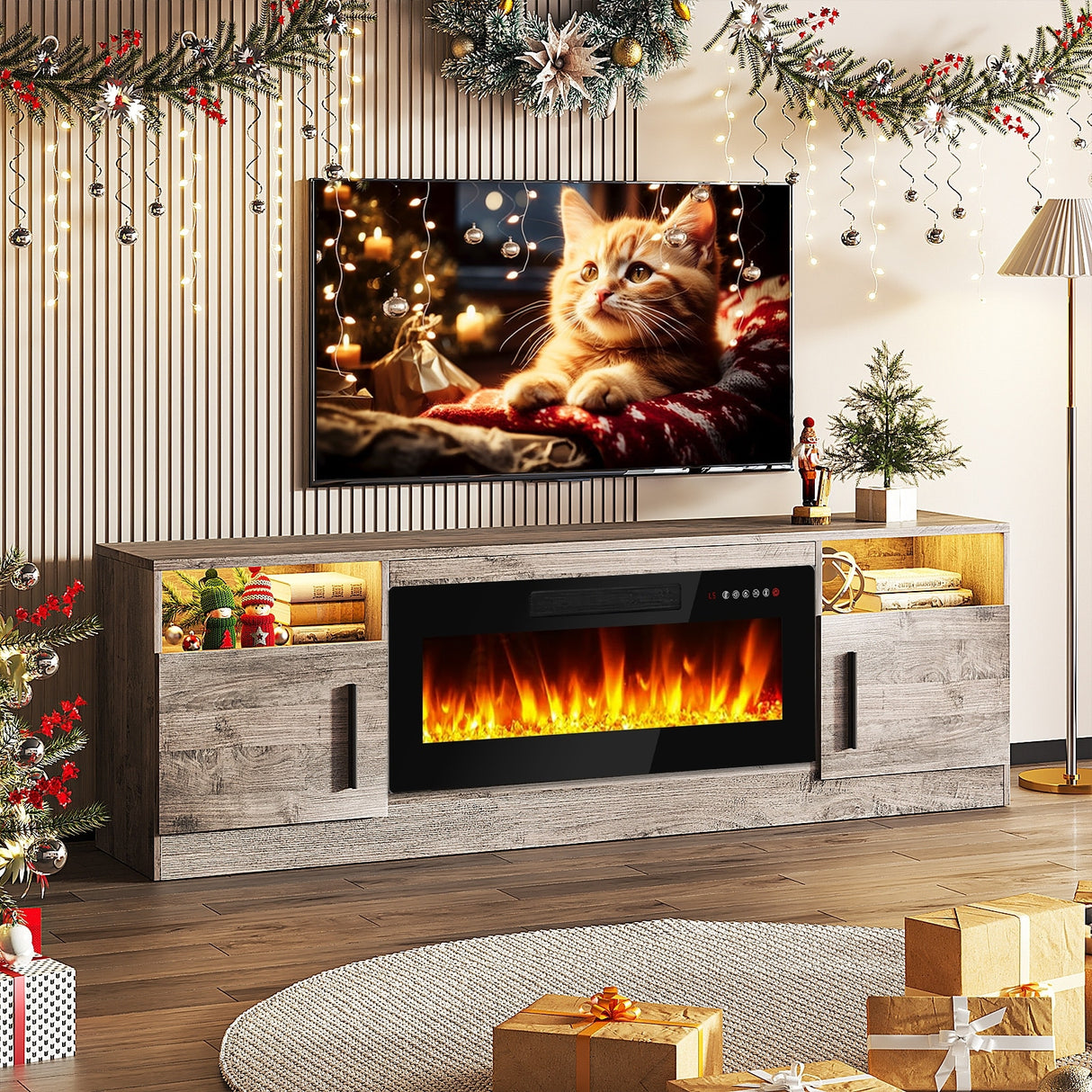 Bossin 70" Fireplace TV Stand with 36" Electric Fireplace, TV Stand for TVs Up to 80", 16 Colors LED Lights/Entertainment Center