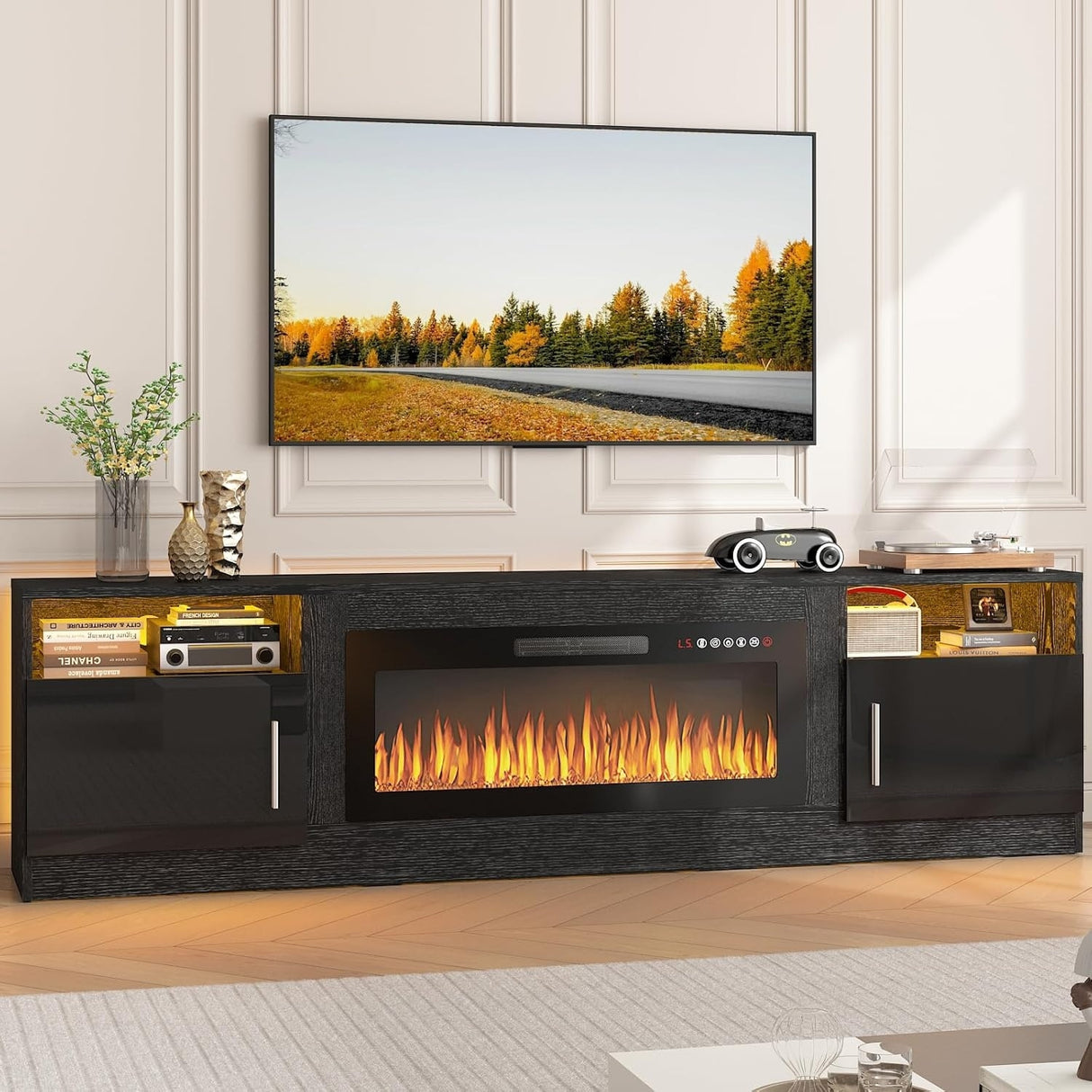 Bossin 80" Fireplace TV Stand with 36" Electric Fireplace, TV Stand for TVs Up to 90", 16 Colors LED Lights/Entertainment Center