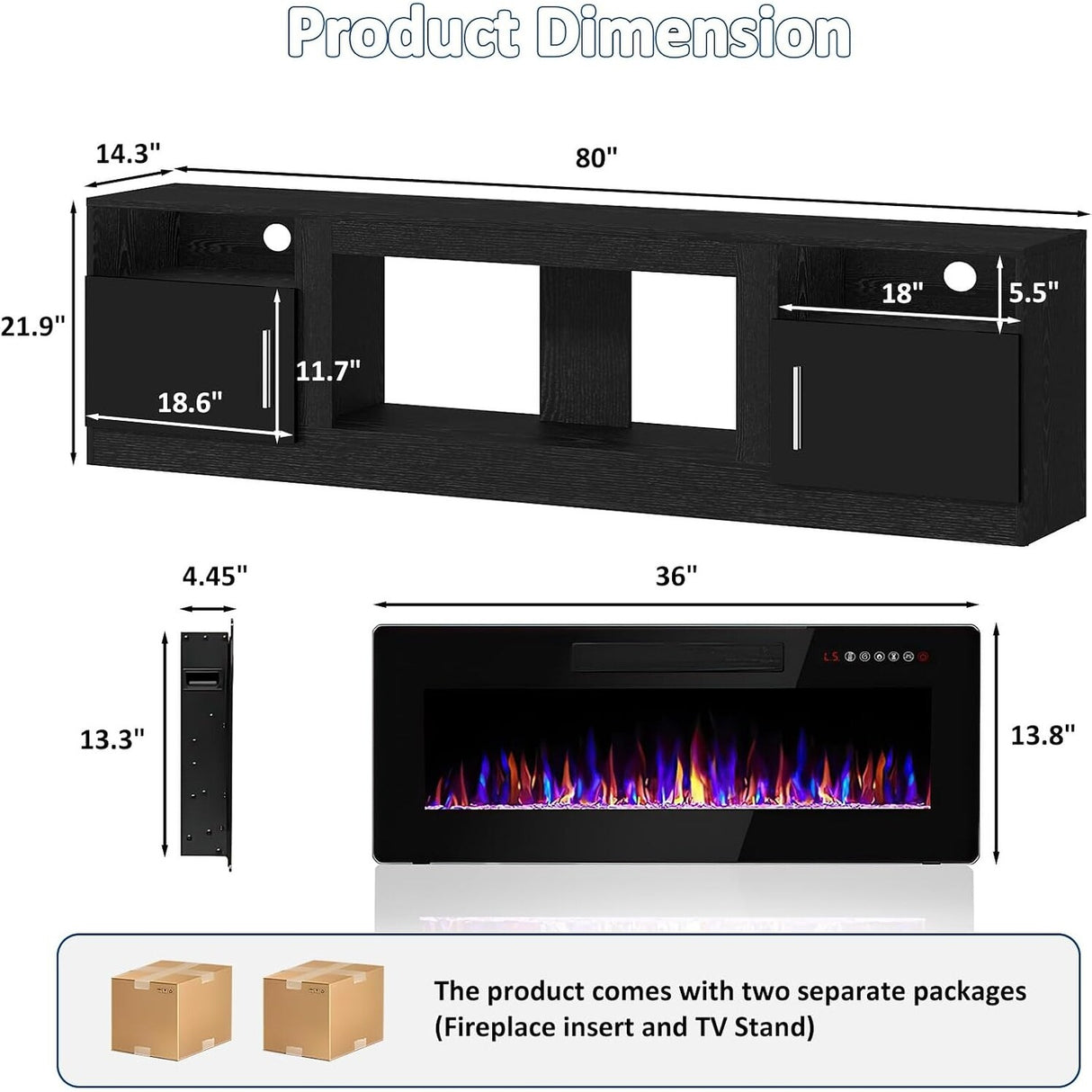 Bossin 80" Fireplace TV Stand with 36" Electric Fireplace, TV Stand for TVs Up to 90", 16 Colors LED Lights/Entertainment Center