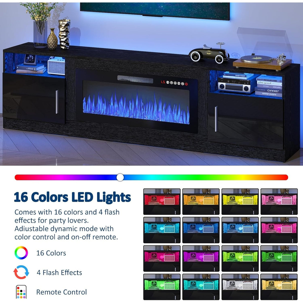 Bossin 80" Fireplace TV Stand with 36" Electric Fireplace, TV Stand for TVs Up to 90", 16 Colors LED Lights/Entertainment Center