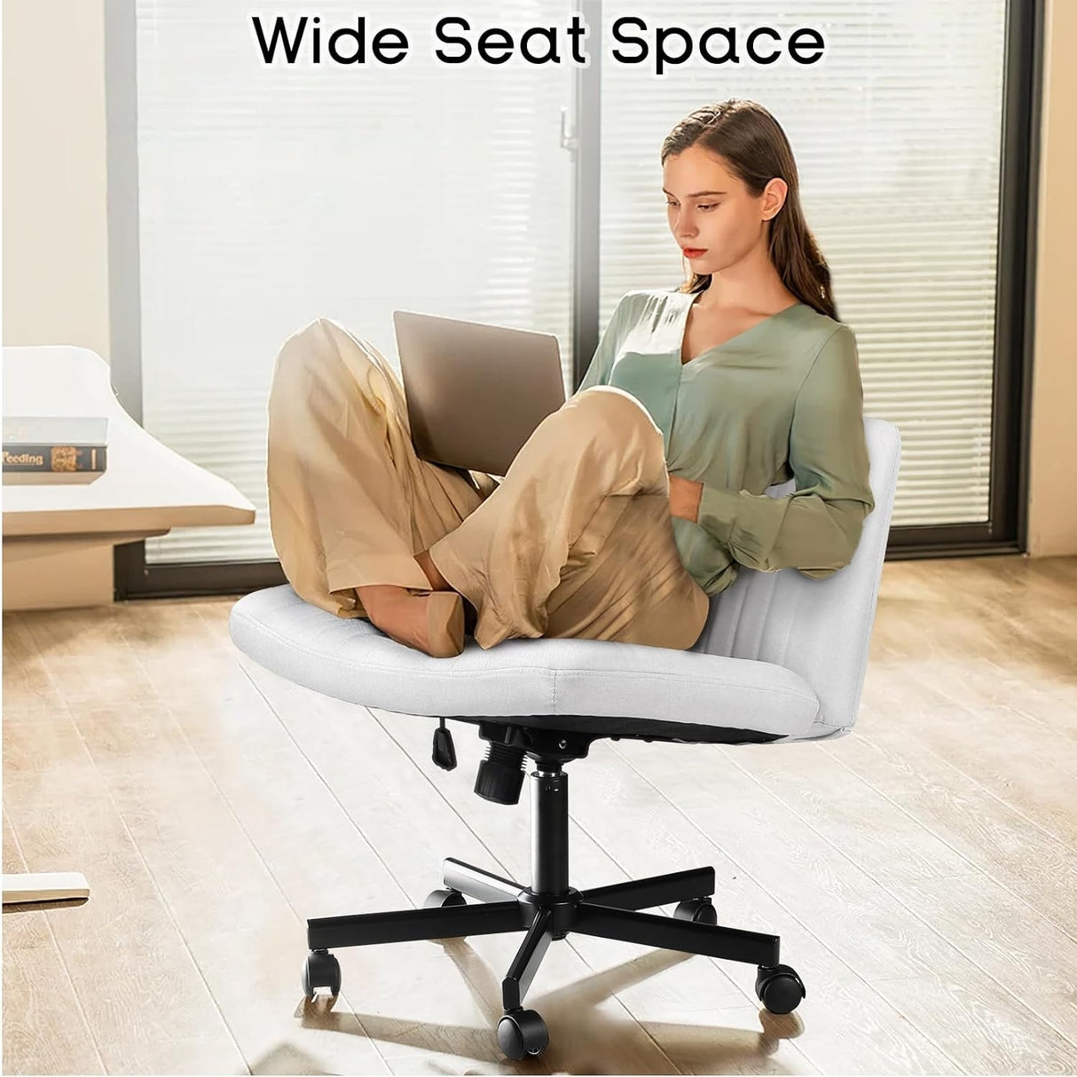 Bossin Criss Cross Chair Armless Office Desk Chair with Wheels,Fabric Padded Cross Legged Chair, Swivel Wide Seat Vanity Chair