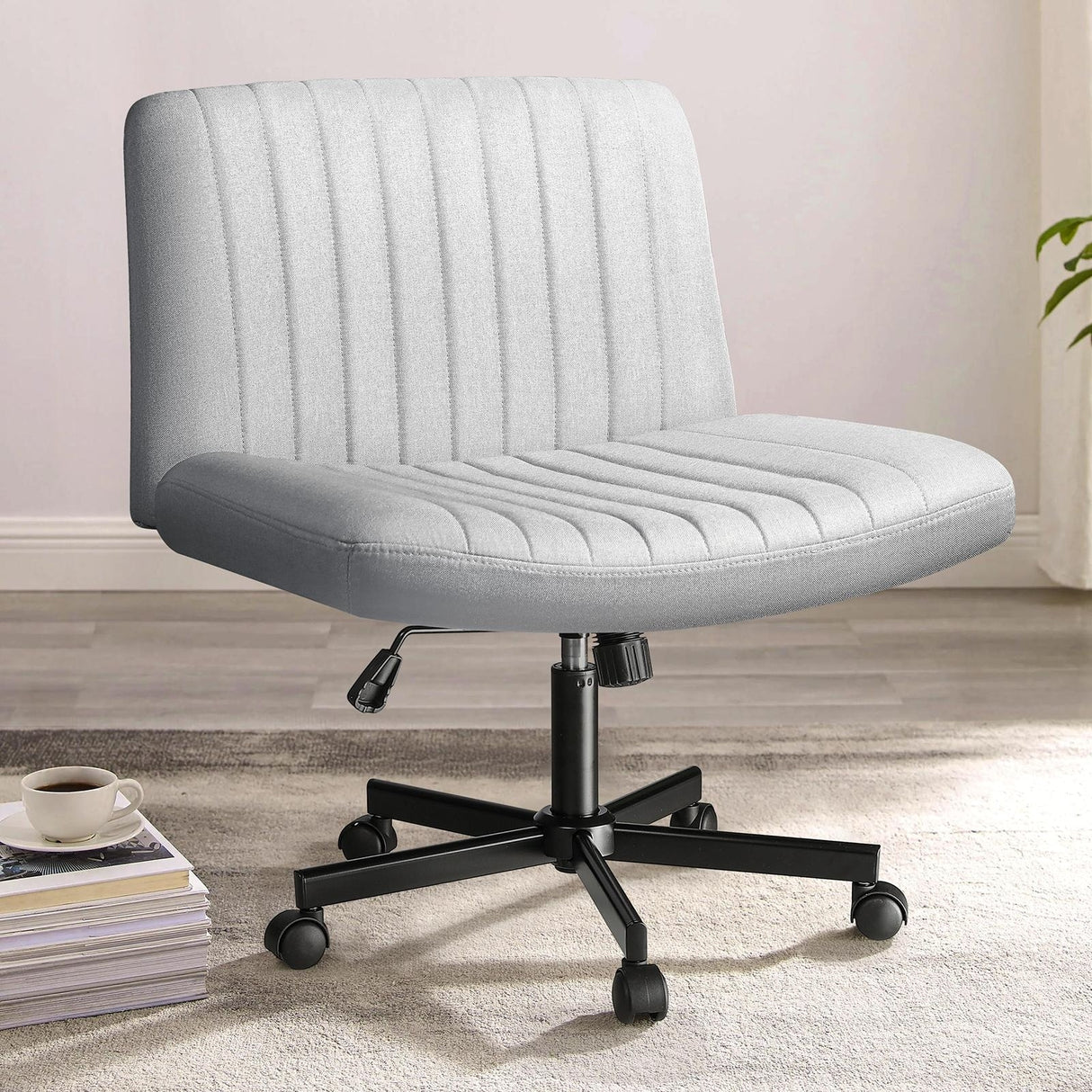 Bossin Criss Cross Chair Armless Office Desk Chair with Wheels,Fabric Padded Cross Legged Chair, Swivel Wide Seat Vanity Chair