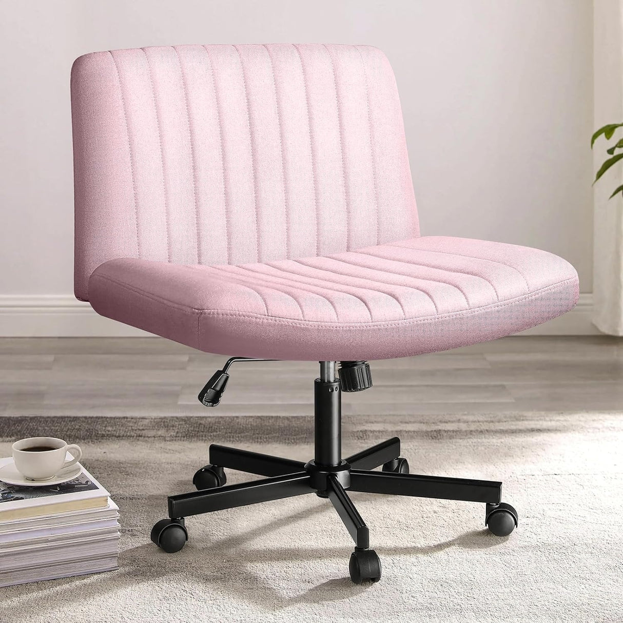 Bossin Criss Cross Chair Armless Office Desk Chair with Wheels,Fabric Padded Cross Legged Chair, Swivel Wide Seat Vanity Chair