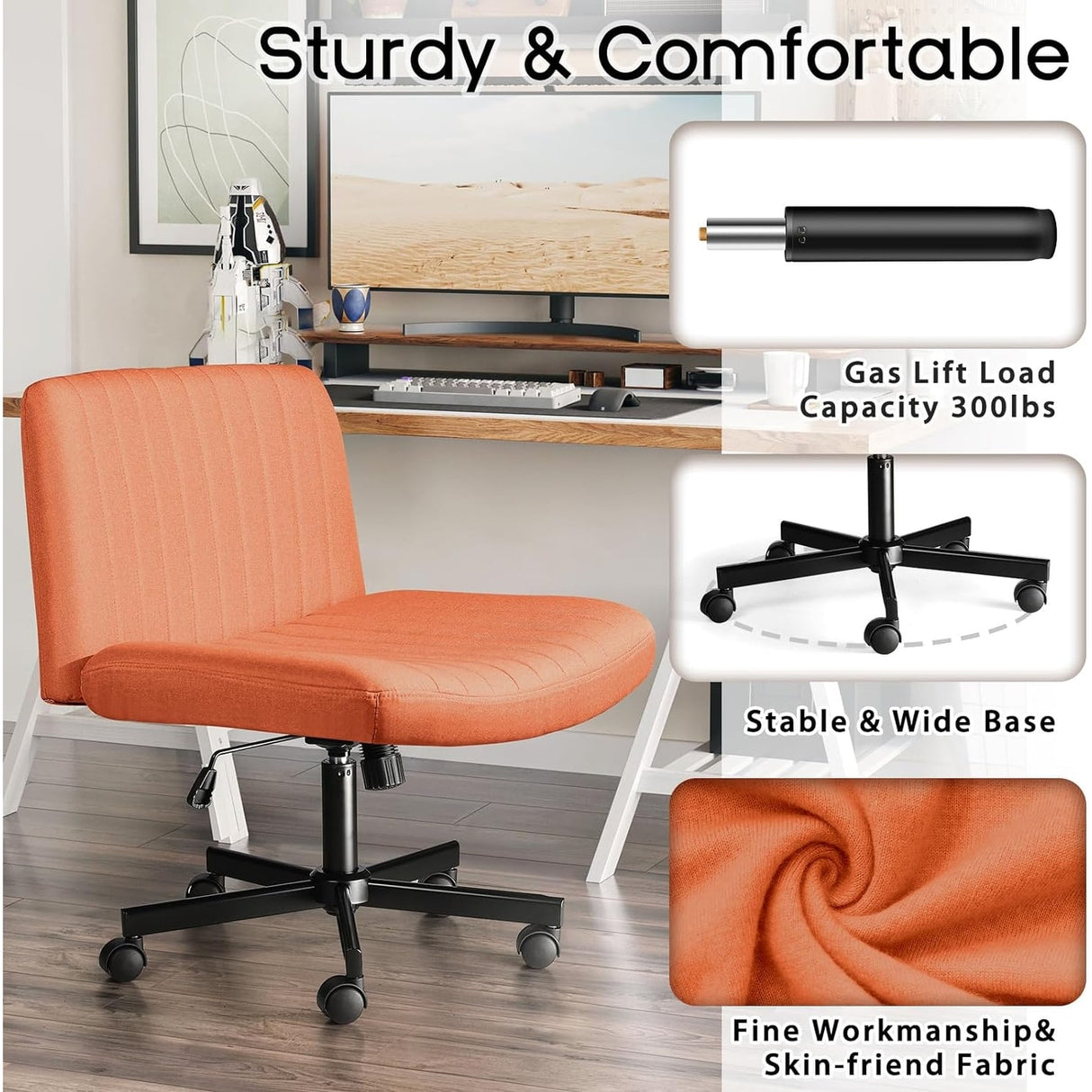 Bossin Criss Cross Chair Armless Office Desk Chair with Wheels,Fabric Padded Cross Legged Chair, Swivel Wide Seat Vanity Chair