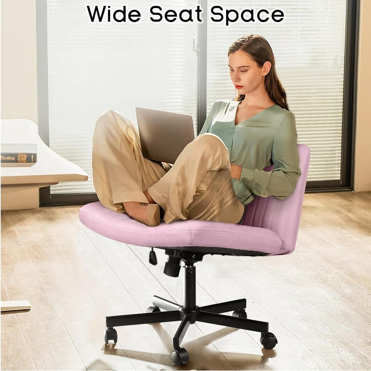 Bossin Criss Cross Chair Armless Office Desk Chair with Wheels,Fabric Padded Cross Legged Chair, Swivel Wide Seat Vanity Chair