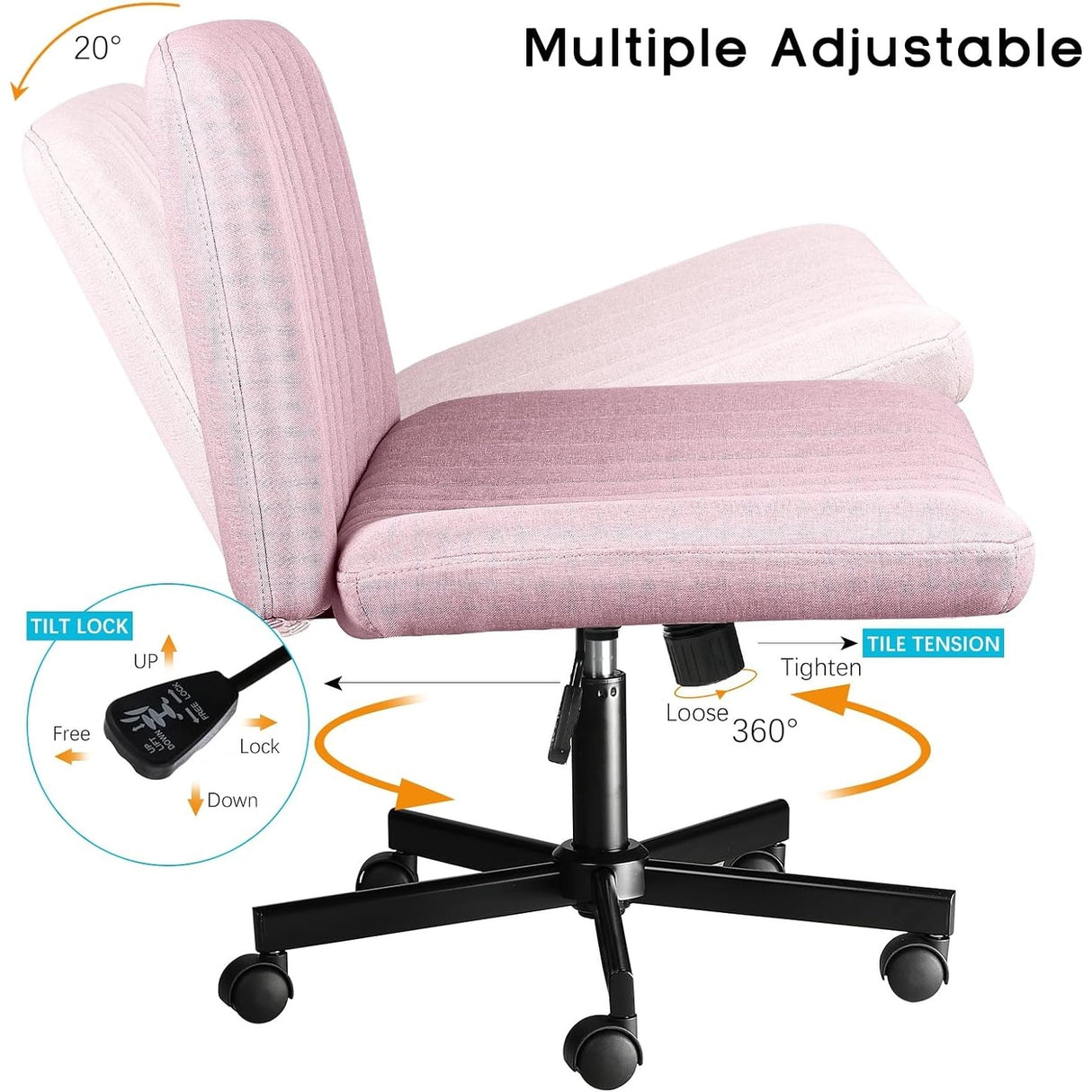 Bossin Criss Cross Chair Armless Office Desk Chair with Wheels,Fabric Padded Cross Legged Chair, Swivel Wide Seat Vanity Chair