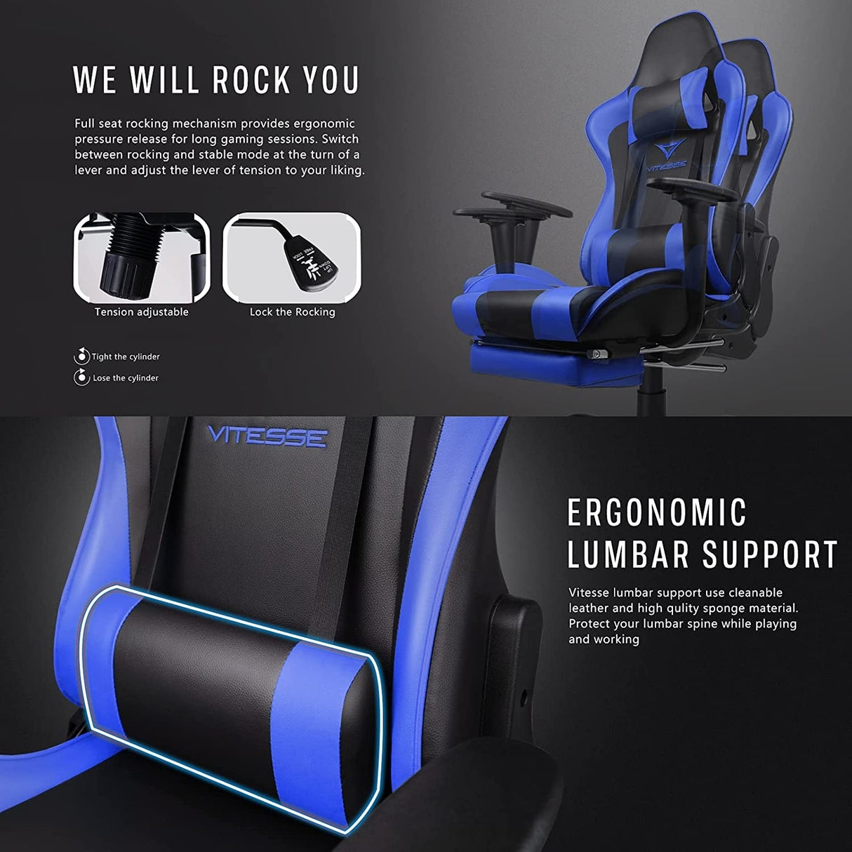 BOSSIN Gaming Chair Ergonomic Video Game Chair High Back Racing Style Chair with Armrest and Footrest